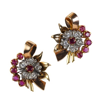 Lot 90 - A pair of bicoloured gold ruby and diamond clip earrings, c.1950