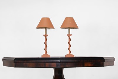 Lot 111 - A pair of painted wooden table lamps
