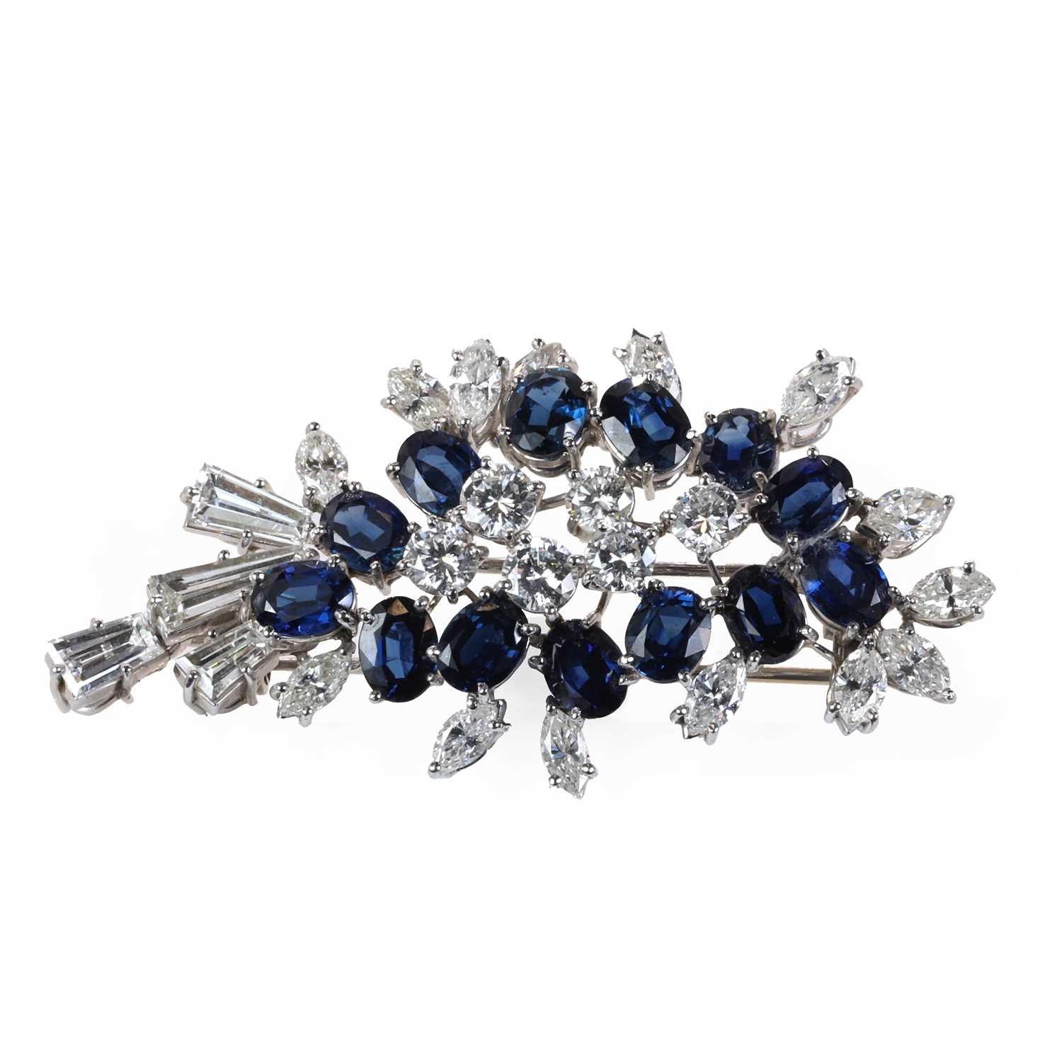 Lot 83 - A white gold sapphire and diamond clip brooch
