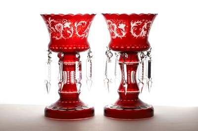 Lot 152 - A pair of flashed ruby glass table lustres