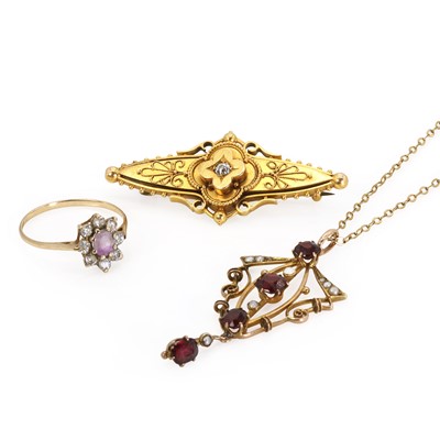 Lot 244 - A gold pendant, brooch and paste ring