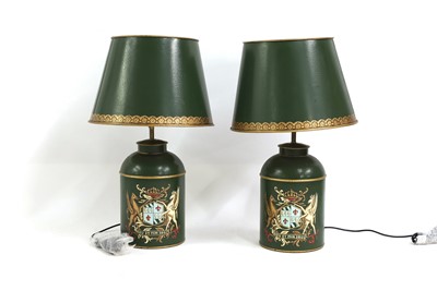 Lot 504 - A pair of painted toleware lamps