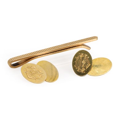 Lot 383 - A pair of gold cufflinks and a 9ct gold tie slide