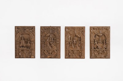 Lot 632 - A set of four carved oak relief panels