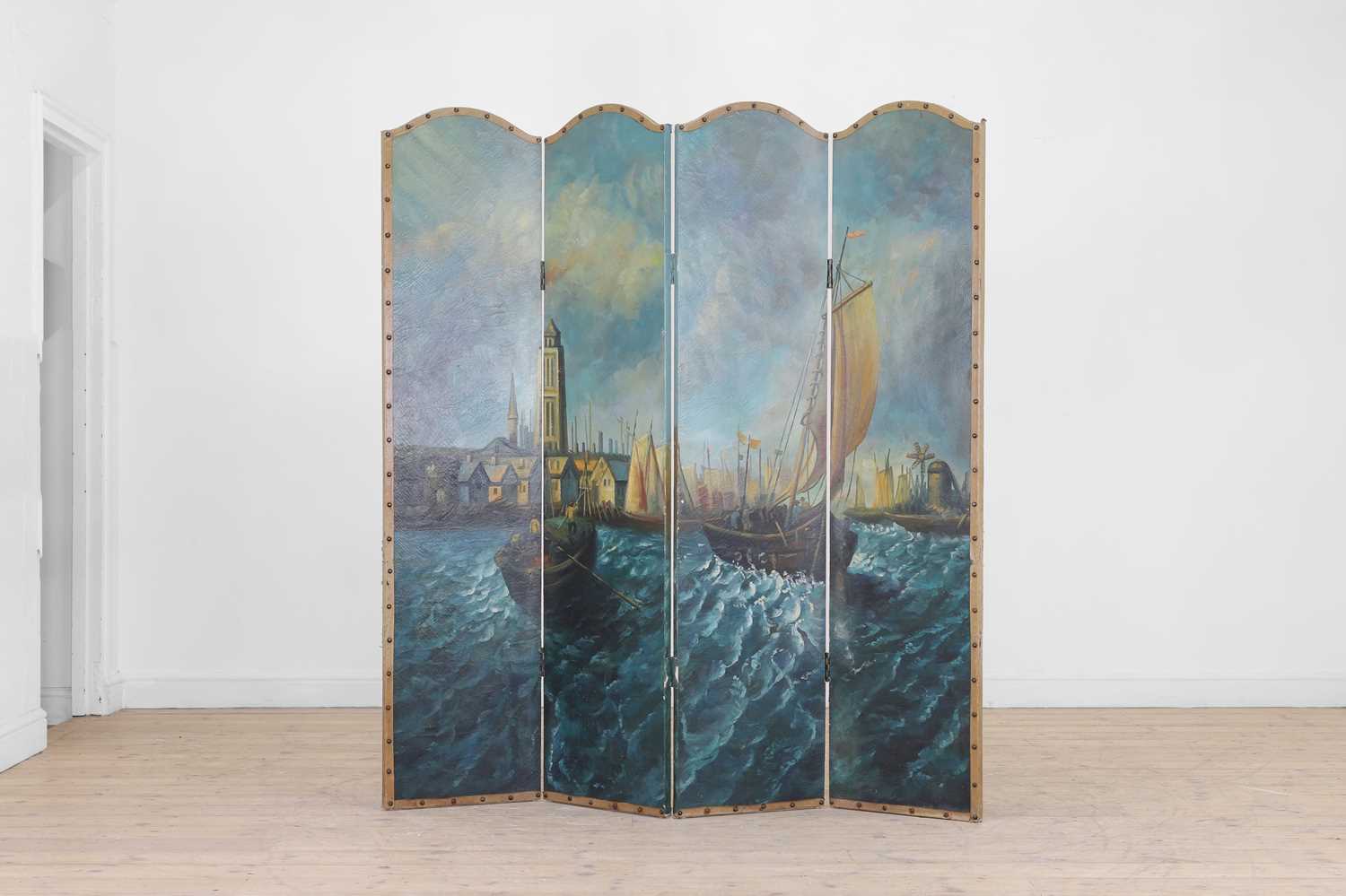 Lot 11 - A painted canvas four-leaf screen
