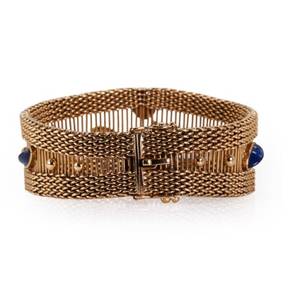 Lot 101 - A gold gemstone set mesh bracelet and earring suite