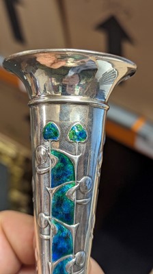 Lot 10 - A 'Cymric' silver and enamel spill vase