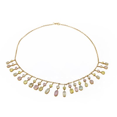 Lot 41 - An Edwardian pink topaz, aquamarine and chrysolite fringe necklace, c.1905