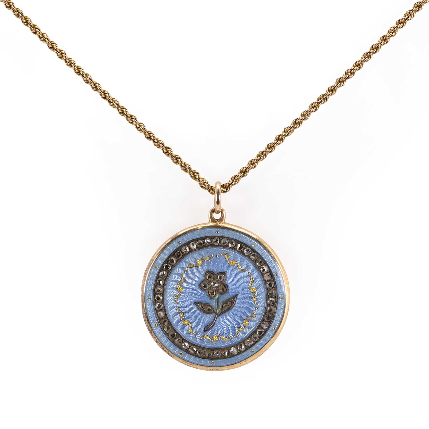 Lot 52 - An Edwardian guilloché enamel and rose cut diamond locket pendant and chain, c.1910