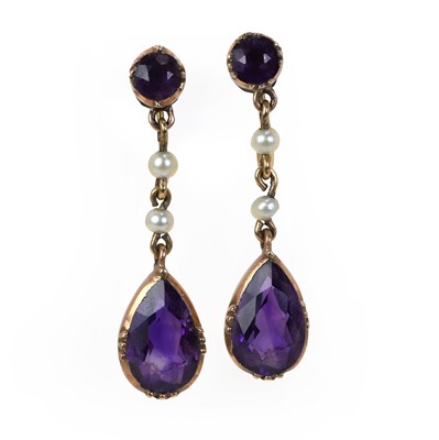 Lot 48 - A pair of Edwardian gold amethyst and seed pearl drop earrings