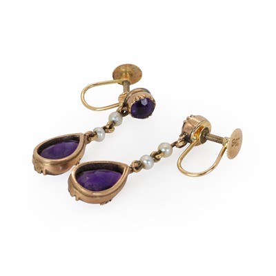 Lot 48 - A pair of Edwardian gold amethyst and seed pearl drop earrings