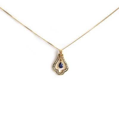 Lot 112 - An 18ct gold diamond and sapphire openwork pendant and chain