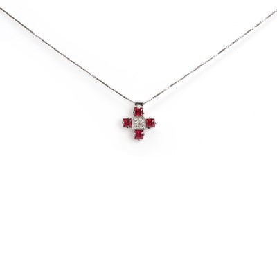 Lot 86 - A white gold ruby and diamond cross and chain