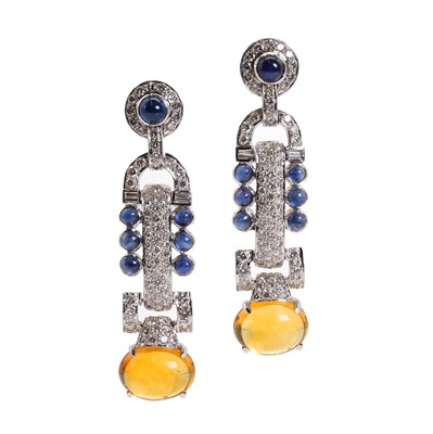 Lot 142 - A pair of white gold diamond, sapphire and citrine drop earrings