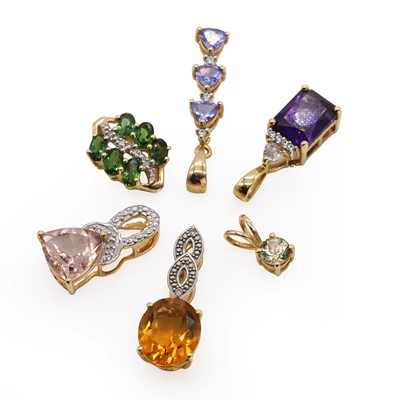 Lot 265 - A group of six 9ct gold gem-set pendants