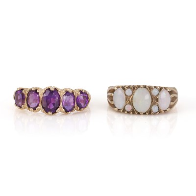 Lot 183 - A 9ct gold opal ring and a five stone amethyst ring