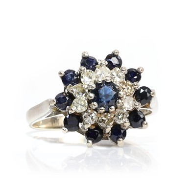 Lot 107 - An 18ct white gold sapphire and diamond cluster ring