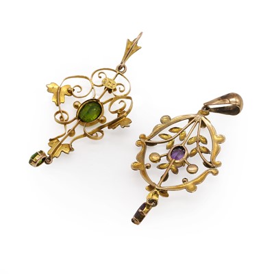 Lot 34 - Two Edwardian gold gem set split pearl pendants