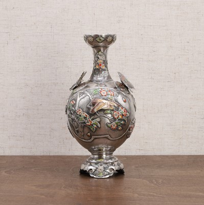 Lot 215 - A Japanese inlaid-silver and cloisonné-enamelled vase