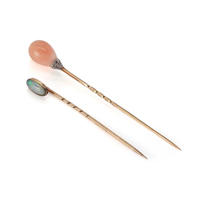 Lot 12 - An antique coral and diamond stick pin and opal stick pin