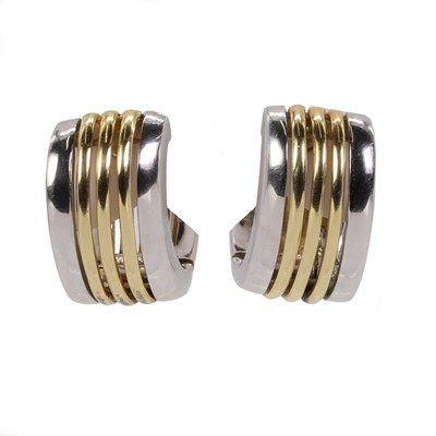 Lot 66 - A pair of 18ct bicoloured gold hinged hoop earrings