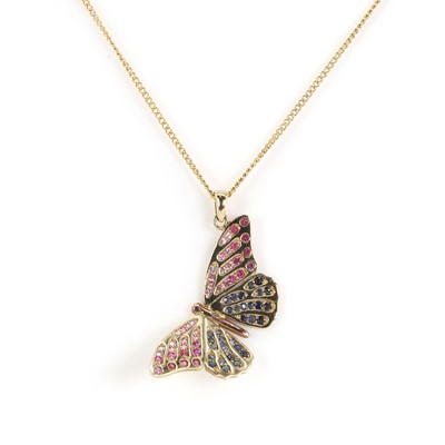 Lot 113 - A sapphire set butterfly pendant and chain by Clogau