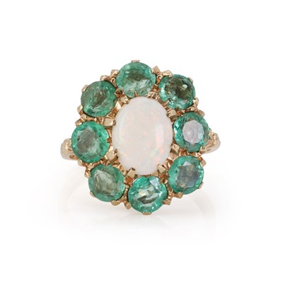 Lot 98 - A 9ct gold opal and emerald cluster ring