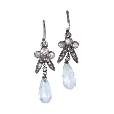 Lot 49 - A pair of old cut diamond and aquamarine drop earrings