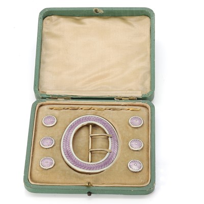 Lot 40 - A silver gilt guilloché enamel buckle and buttons set, by John Aitken & Son