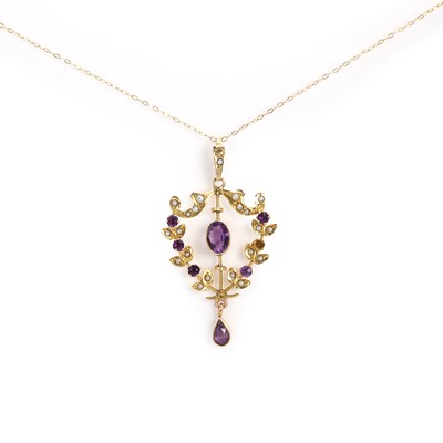 Lot 54 - An Edwardian amethyst and split pearl pendant and chain