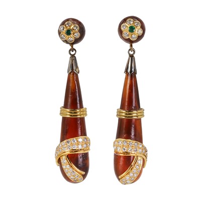 Lot 169 - A pair of emerald, diamond and tortoiseshell drop stud earrings