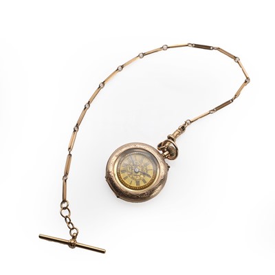 Lot 527 - A 9ct gold open faced fob watch with gold Albert chain