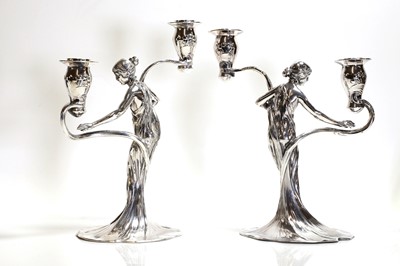 Lot 32 - A pair of German Art Nouveau silvered-pewter candelabra