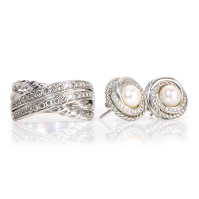 Lot 232 - A silver diamond ring and a pair of silver pearl earrings, by David Yurman