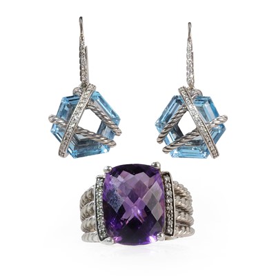 Lot 257 - An amethyst ring and a pair of blue topaz earrings, by David Yurman