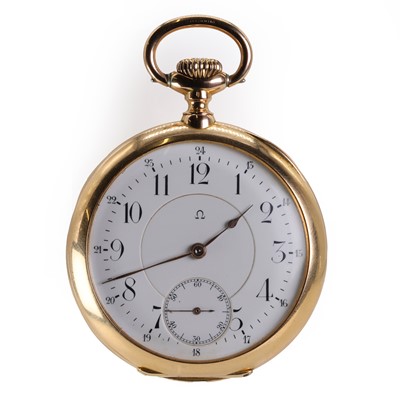 Lot 307 - An 18ct gold top wind open faced Omega pocket watch