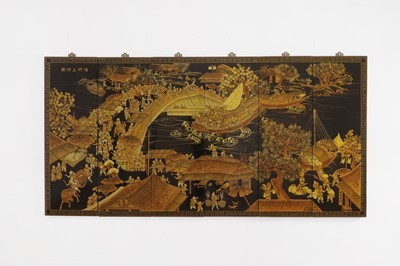 Lot 584 - A set of six black-lacquered and gilt panels