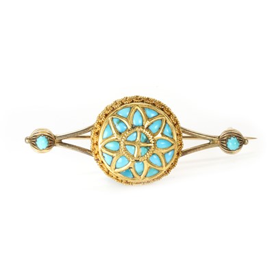 Lot 9 - A gold and turquoise disc shaped cluster, later mounted on a bar brooch