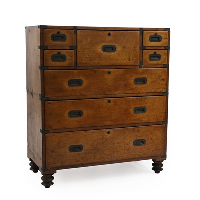 Lot 407 - A brass mounted and teak campaign secretaire chest