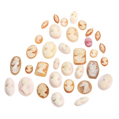 Lot 405 - A collection of shell cameo jewellery and loose shell cameos