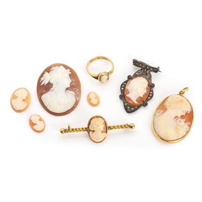 Lot 405 - A collection of shell cameo jewellery and loose shell cameos