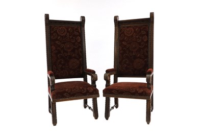 Lot 491 - A pair of oak throne chairs