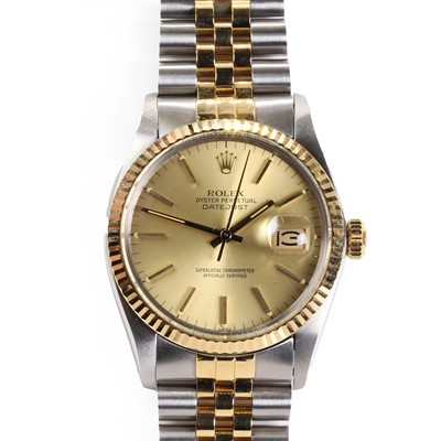 Lot 353 - A gentlemen's stainless steel and 18ct gold Rolex Datejust bracelet watch, c.1973