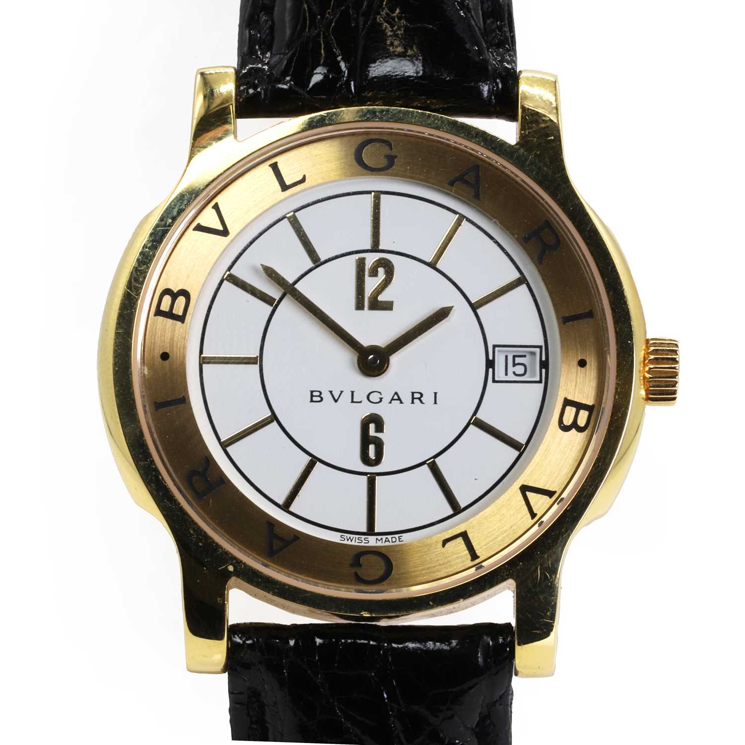 Lot 349 - An 18ct gold Bulgari Solotempo quartz strap watch