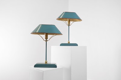 Lot 10 - A pair of Art Deco style toleware table lamps by OKA