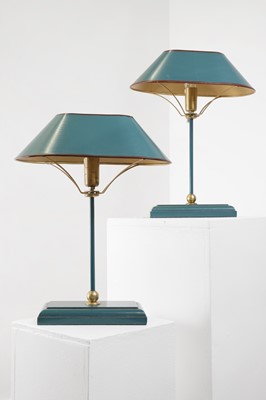 Lot 10 - A pair of Art Deco style toleware table lamps by OKA