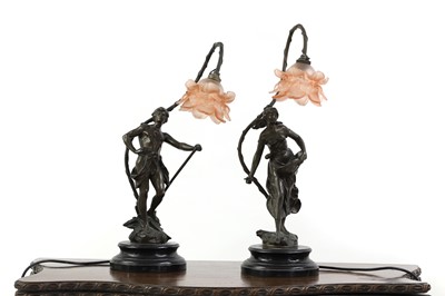 Lot 448 - A pair of Art Nouveau-style bronzed lamps