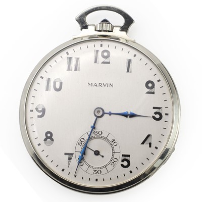 Lot 532 - An 18ct white gold top wind open-faced pocket watch, by Marvin