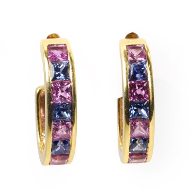 Lot 132 - A pair of 18ct gold pink and blue sapphire cuff earrings, by Mappin & Webb