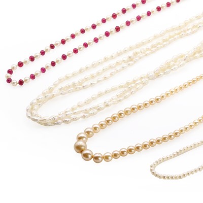 Lot 408 - A single row cultured pearl and ruby necklace, and three other necklaces